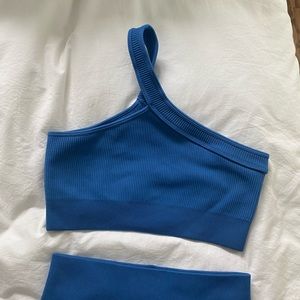 Amazon One Shoulder Shorts Blue Ribbed Workout Set